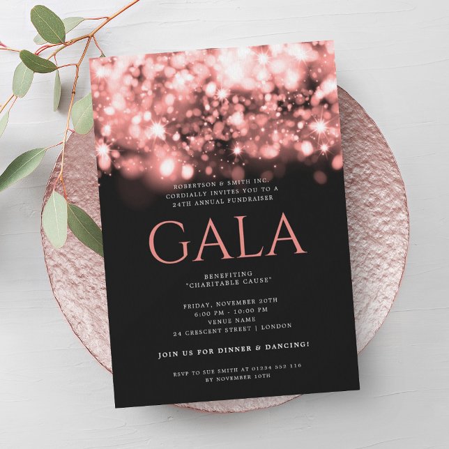 Invitation Feu d'or Rose de bal de gala d'entreprise officiel (Formal Corporate Gala Ball Rose Gold Sparkle Light Invitation)