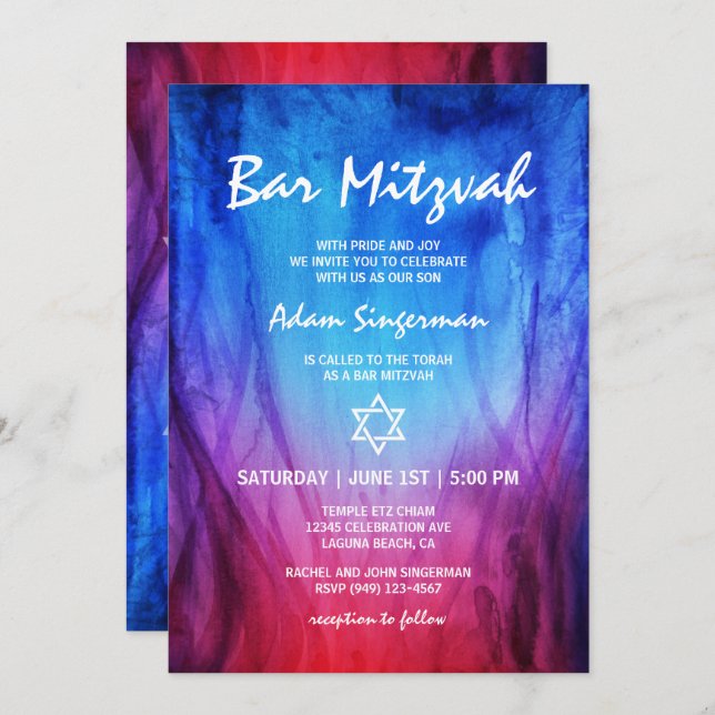 Invitation Feu et Glace Bleu Rouge | Bar Mitzvah Étoile de Da (Devant / Derrière)
