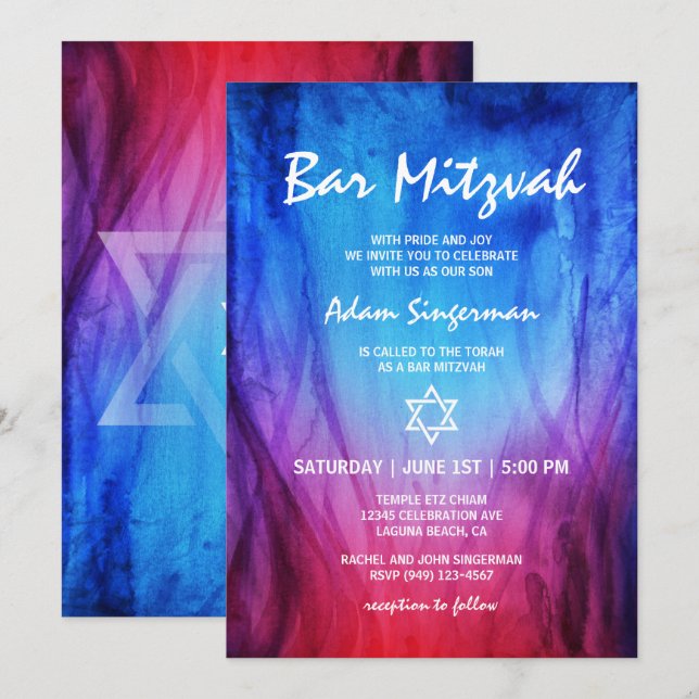 Invitation Feu et Glace Rouge Bleu | Bar Mitzvah Étoile de Da (Devant / Derrière)