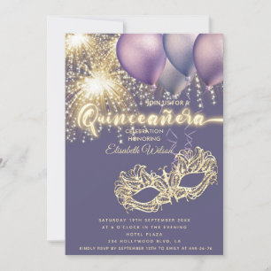 Invitation Feu mousseux Masquerade violet Quinceañera