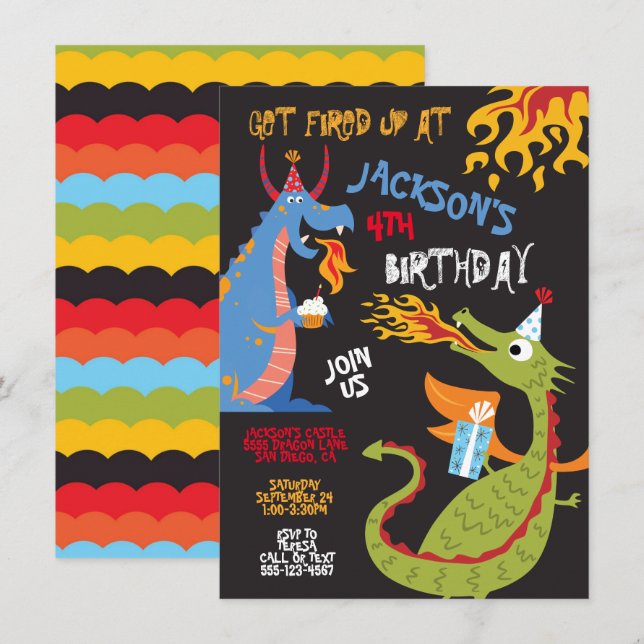 Invitation Feu respirant Dragons fête d'anniversaire (Devant / Derrière)