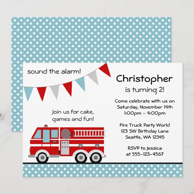 Invitation Feu Truck Polka Dot Bannière Boys Anniversaire (Devant / Derrière)