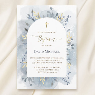 Invitation feuillage aquarelle bleue Baptême