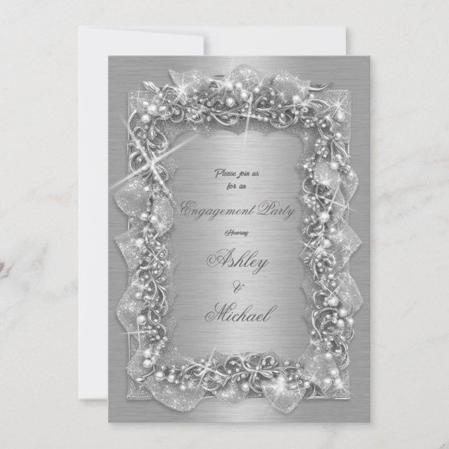 Invitation Feuillage argent luxe prospérité pailleté feuille  (Devant)