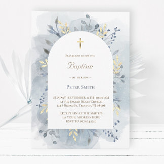 Invitation Feuillage d'aquarelle bleu baptême