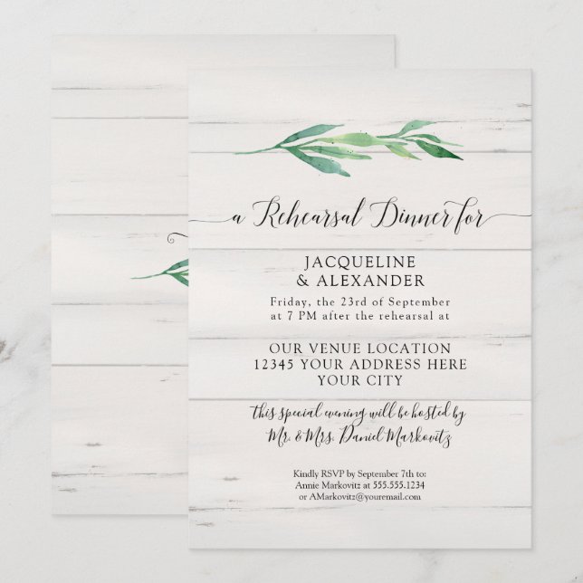 Invitation Feuillage de bois blanc rustique Verdure Aquarelle (Devant / Derrière)