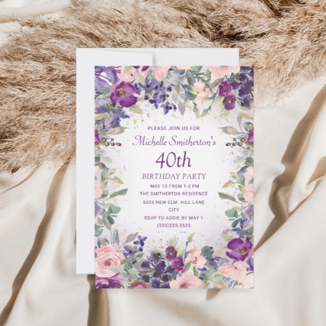 Invitation Feuillage de fleurs rose pourpre 40e anniversaire (Créateur téléchargé)