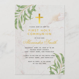 Invitation Feuillage de première communion Marbre or Feuilles