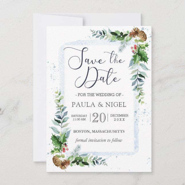 Invitation Feuillage de verdure du pin blanc Sauvez la date (Devant)