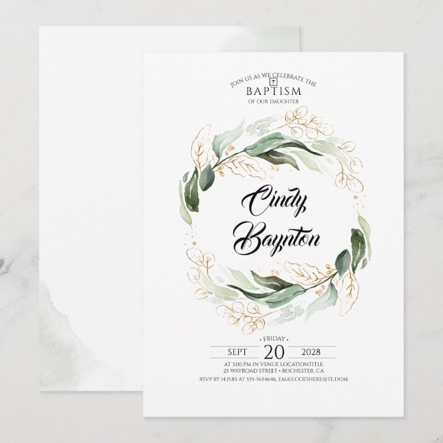 Invitation Feuillage de verdure et Baptême Feuille d'or (Devant / Derrière)