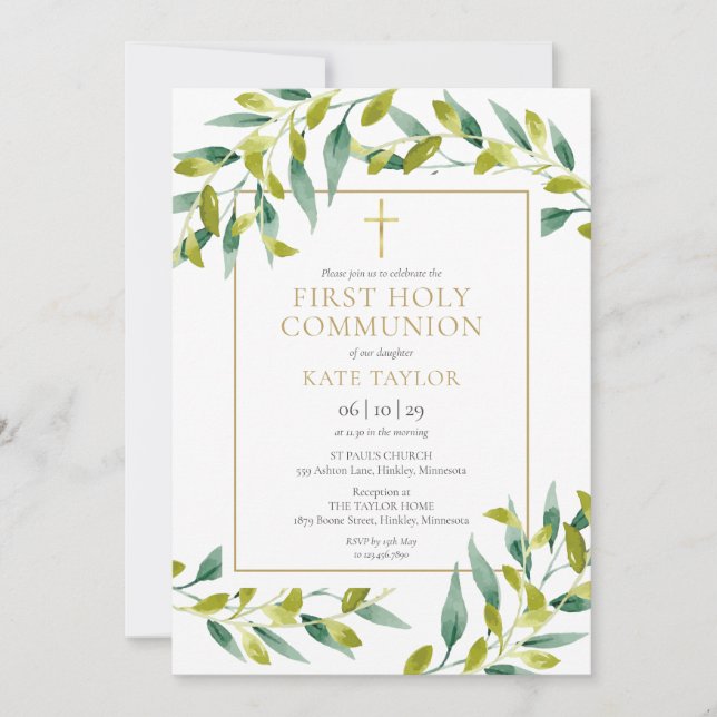 Invitation Feuillage de verdure Première communion sainte (Devant)