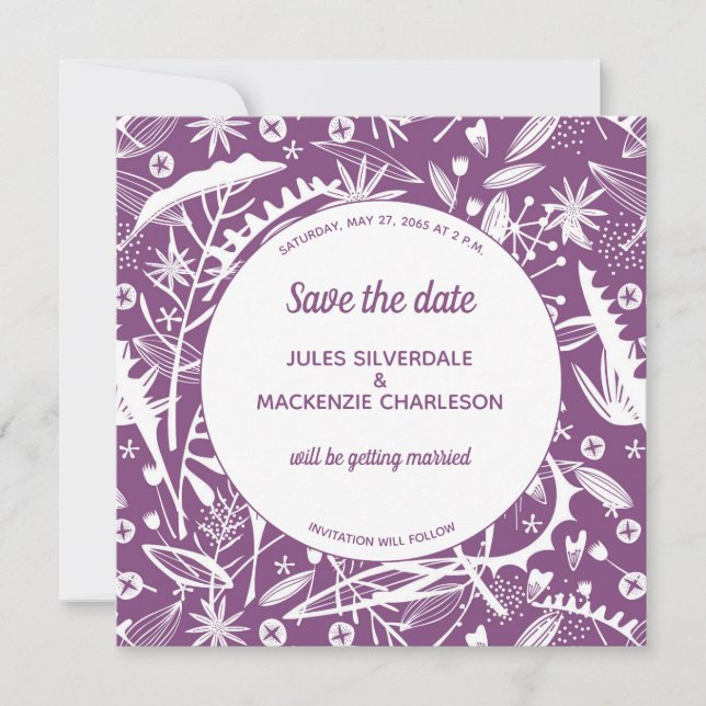 Invitation Feuillage de violet botanique Enregistrer la date (Devant)
