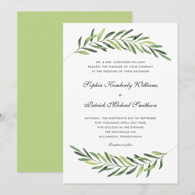 Invitation Feuillage élégant + libellé traditionnel mariage (Devant / Derrière)
