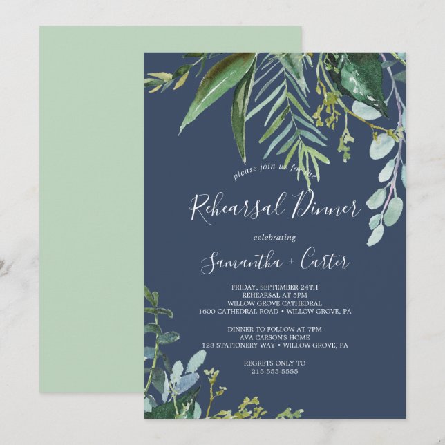 Invitation Feuillage Estival | Dîner de Répétition Navy (Devant / Derrière)