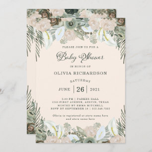 Invitation Feuillage et floral   Baby shower rose pâle