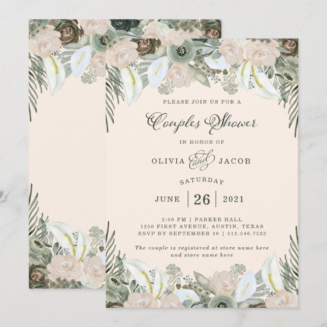 Invitation Feuillage et floral | Douche Couples Roses Rouges (Devant / Derrière)