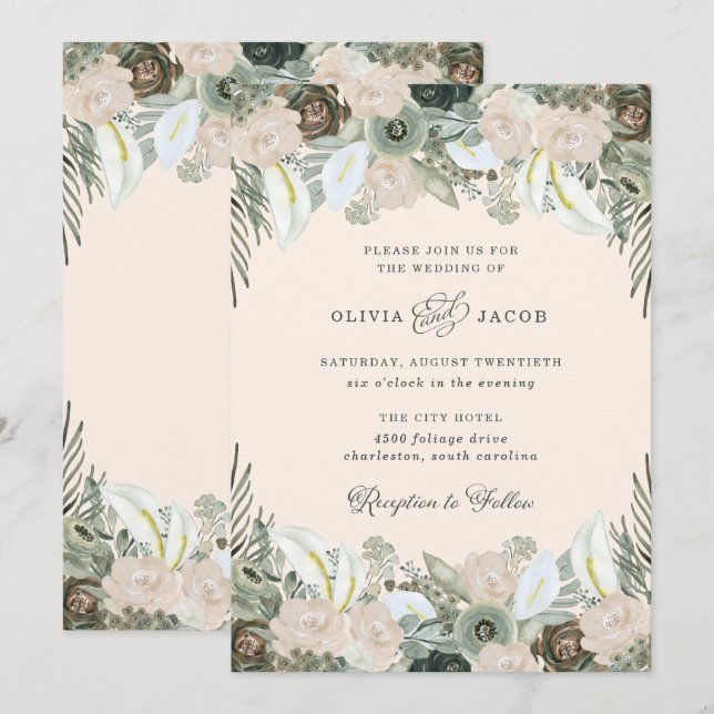 Invitation Feuillage et floral | Mariage rose pâle (Devant / Derrière)