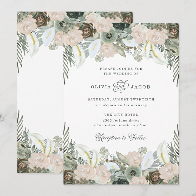 Invitation Feuillage et floral | Mariage vert Sage (Devant / Derrière)