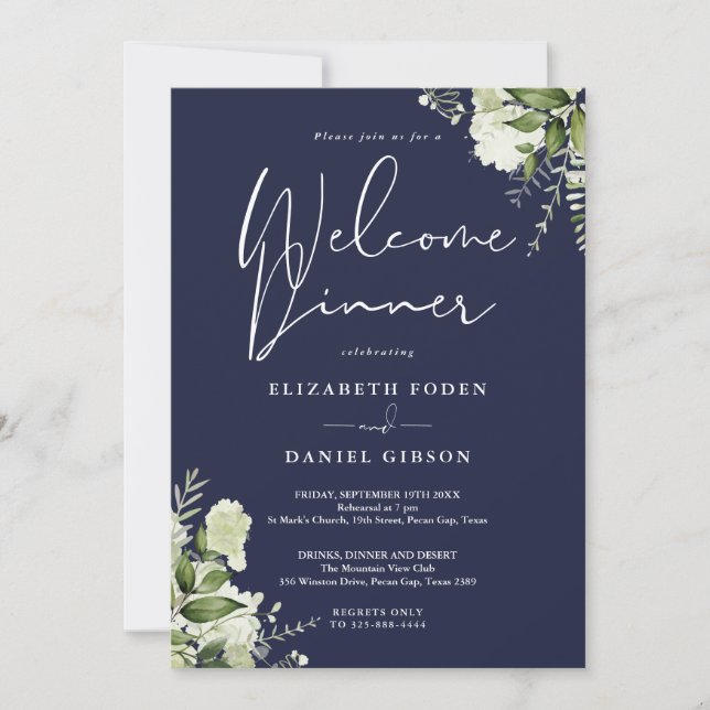 Invitation Feuillage Floral Bleu Marine Dîner de Bienvenue (Devant)