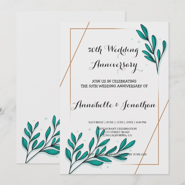 Invitation Feuillage floral or feuille mariage anniversaire (Devant / Derrière)