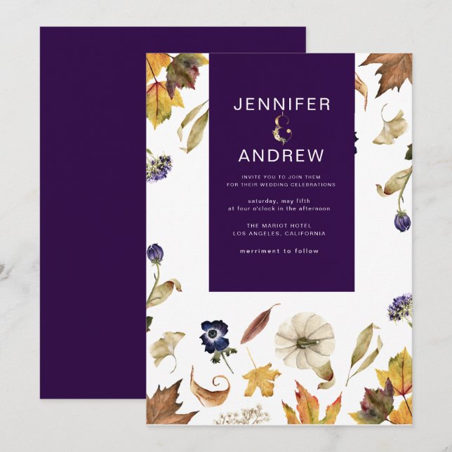 Invitation feuillage pourpre d'automne et Mariage fleuri (Devant / Derrière)