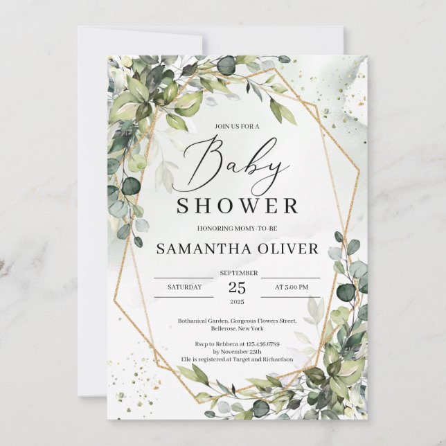 Invitation Feuillage verdoyant baby shower géométrique doré (Devant)