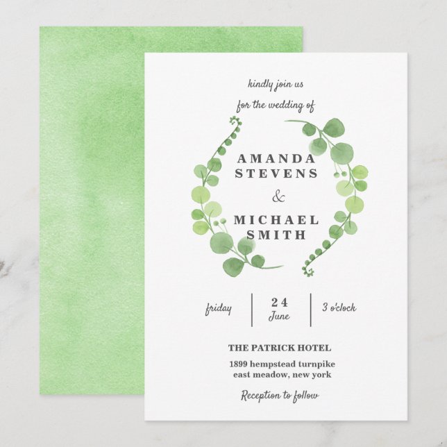 Invitation Feuillage verdoyant Mariage vert Aquarelle (Devant / Derrière)