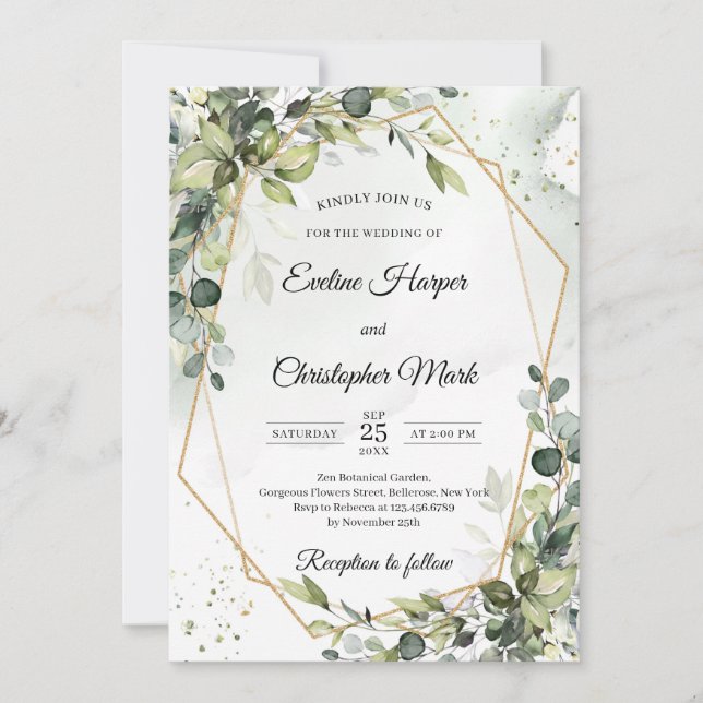 Invitation Feuillage verdoyant or cadre géométrique mariage (Devant)