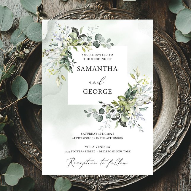 Invitation Feuillage vert boho moderne eucalyptus mariage (Greenery foliage boho modern eucalyptus wedding invitation)