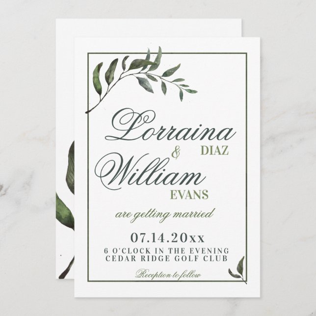 Invitation Feuillage vert Branche d'olivier Élégant Mariage (Devant / Derrière)