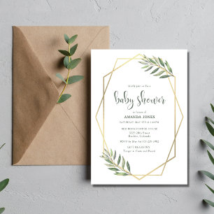 Invitation Feuillage vert et Baby shower bohème d'or