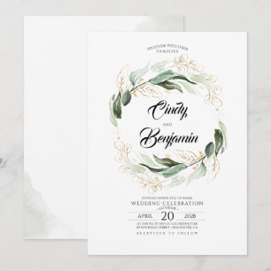 Invitation Feuillage vert et Feuilles d'or Mariage élégant