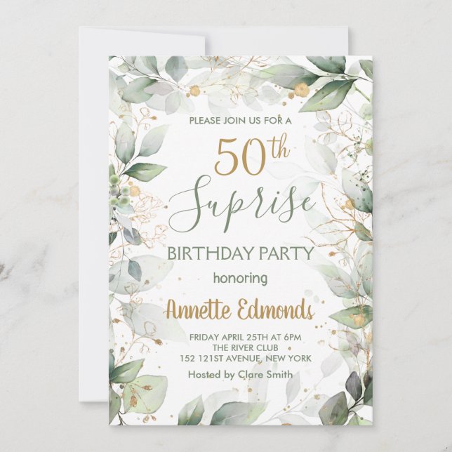 Invitation Feuillage vert et or 50e fête d'anniversaire (Devant)
