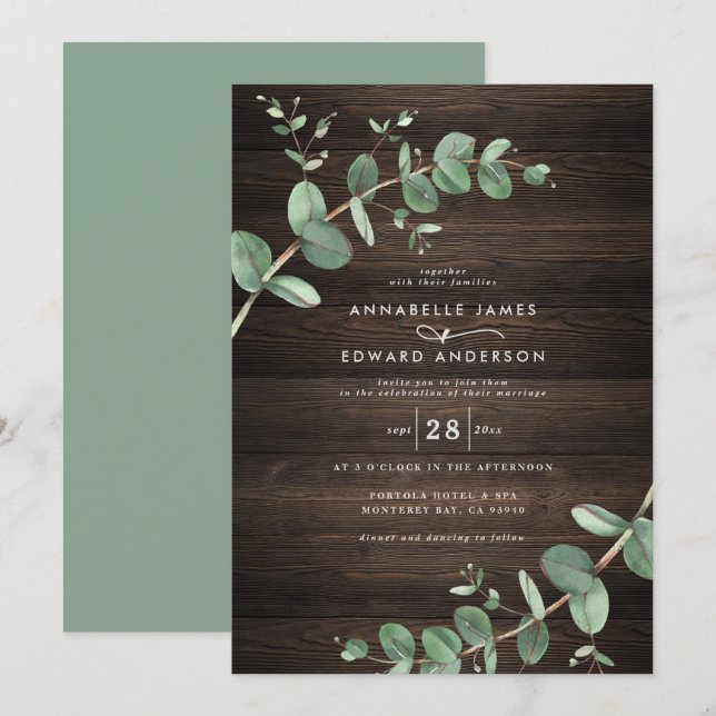 Invitation feuillage vert eucalyptus bois foncé rustique élég (Devant / Derrière)