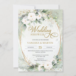 Invitation Feuillage vert eucalyptus roses blanches or ovale