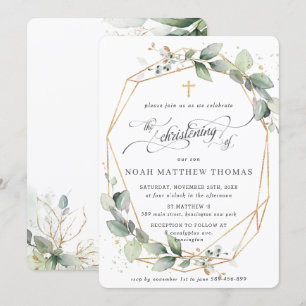 Invitation Feuillage vert feuillu géométrique baptême