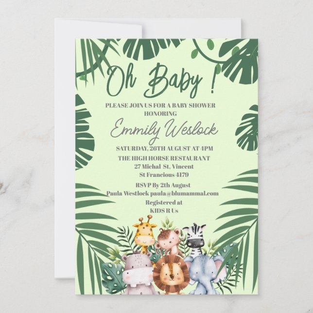 Invitation Feuillage Vert Jungle Animaux Sauvages  (Devant)