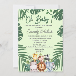 Invitation Feuillage Vert Jungle Animaux Sauvages 