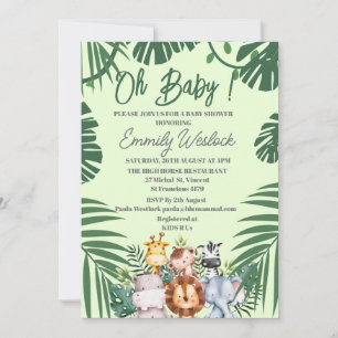 Invitation Feuillage vert jungle Animaux sauvages mignons Inv