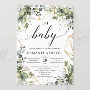 Invitation Feuillage vert moderne et cadres or oh bébé