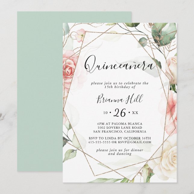 Invitation Feuillage vert or géométrique Floral Quinceañera (Devant / Derrière)