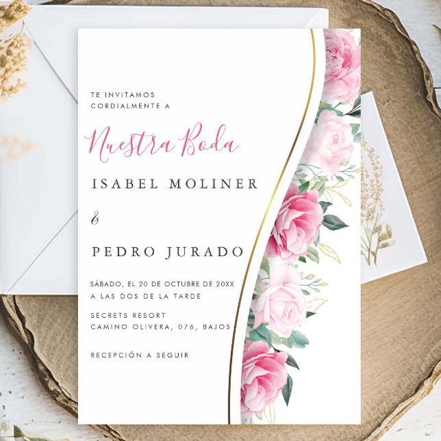 Invitation Feuillage vert rose Floral Nuestra Boda Mariage (Créateur téléchargé)