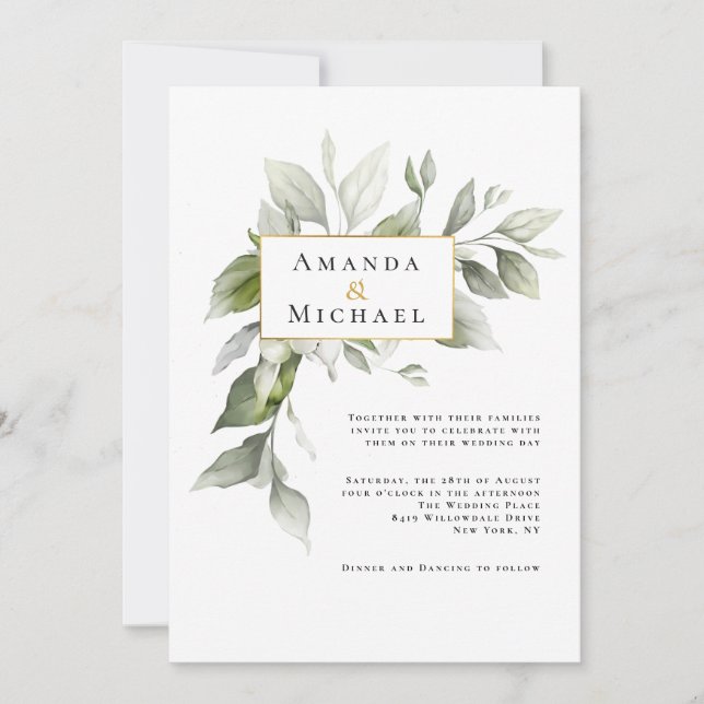 Invitation Feuillage vert simple avec Mariage d'accentuation  (Devant)