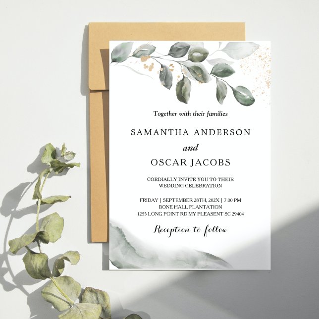 Invitation Feuille aquarelle de verdure douce | Poussière d'o (Créateur téléchargé)