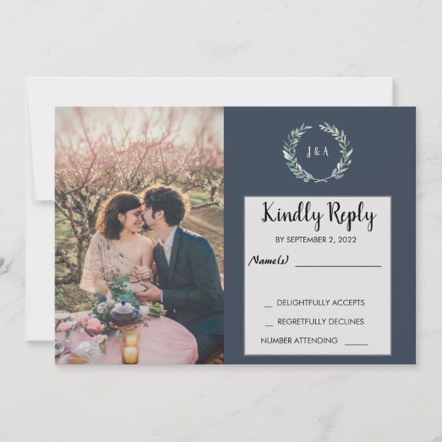 Invitation Feuille aquarelle monogramme photo mariage RSVP (Devant)