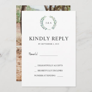 Invitation Feuille aquarelle monogramme photo mariage RSVP