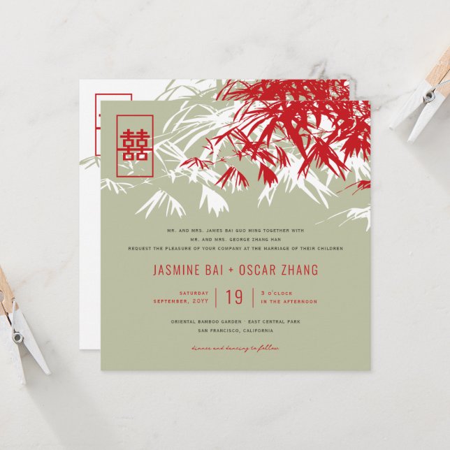 Invitation Feuille bambou double bonheur Mariage chinois (Devant/Arrière en situation)