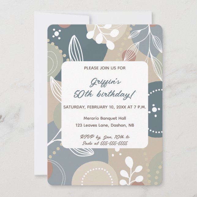 Invitation Feuille Bleu et Beige Abstrait modifiable Annivers (Devant)