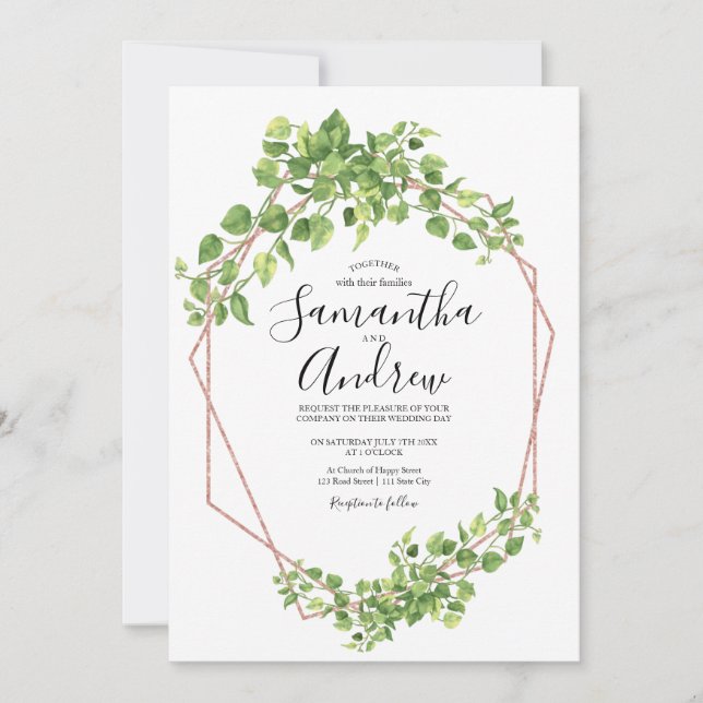 Invitation Feuille Bohème Aquarelle Élégante Rose Gold Végéta (Devant)