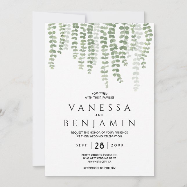 Invitation Feuille bohème élégante aquarelle dorée verdure (Devant)